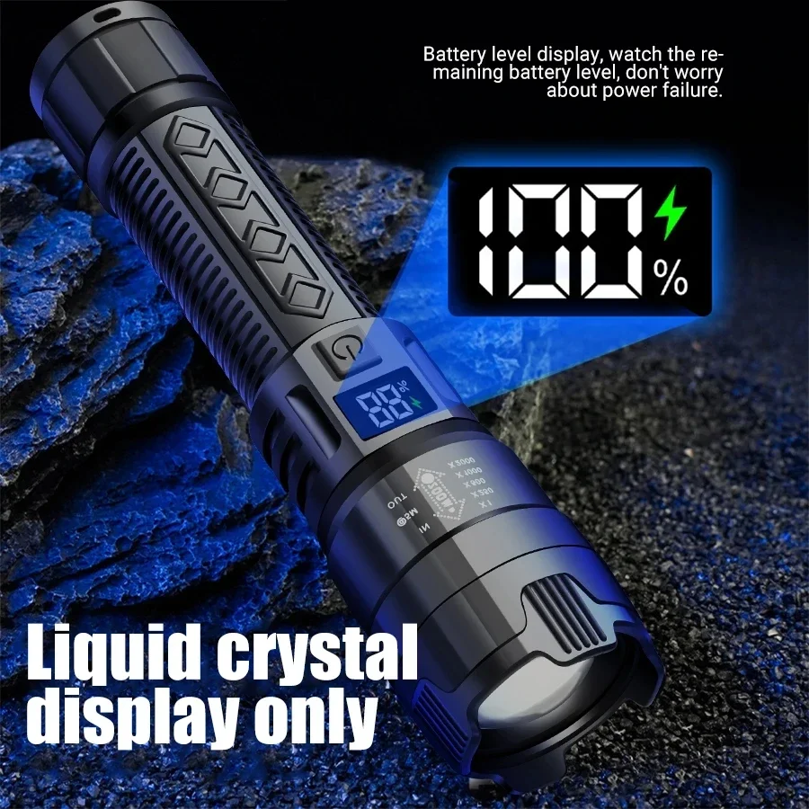 울트라 브라이트 LED 손전등 2000LM Type-C 충전식 장거리 줌 전술 토치 야외 비상 캠핑 낚시 랜턴