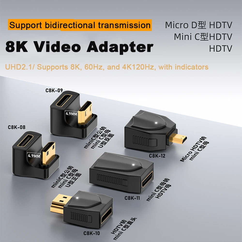 Convertidor L en forma de U en ángulo de 360 grados, Mini HD macho a HD, extensión hembra de 2,1 V, adaptador 4K 5K 3D UHD 8K 60Hz