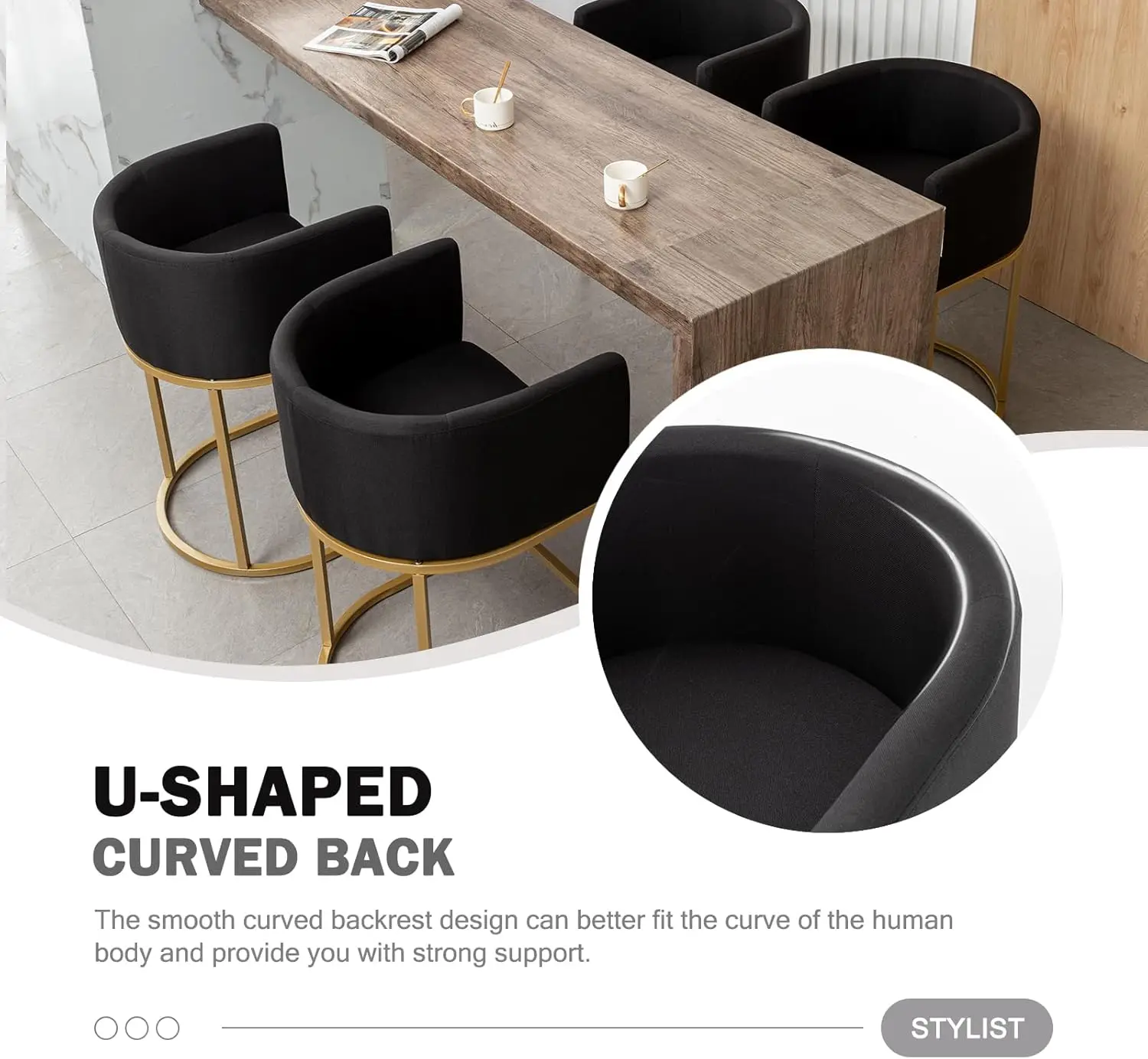 25" Gold Bar Stools Set of 4, Modern Barrel Bar Stool with Back, Counter Height Bar Stools for Kitchen Island, Pub, Club (Black)