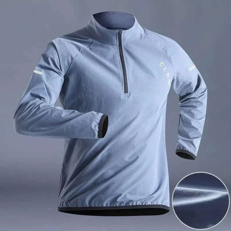 Ropa de secado rápido para hombre, Camiseta deportiva de otoño con cuello levantado, chándal holgado de manga larga para correr al aire libre, Top transpirable con media cremallera