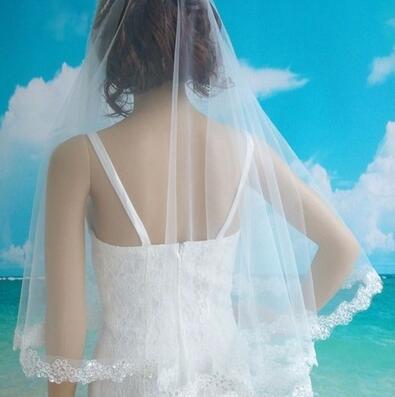 Weißer Braut-Hochzeitsschleier aus Tüll mit Paillettenrand, einstufig, mit Perlen verziert, 120 cm, Braut-Accessoire 2024