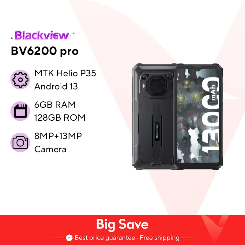Blackview BV6200 Pro Robustes Telefon Android 13 6,56'' Helio P35, 4 GB + 128 GB Smartphone 13000 mAh mit 18 W Schnellladung NFC-Handy