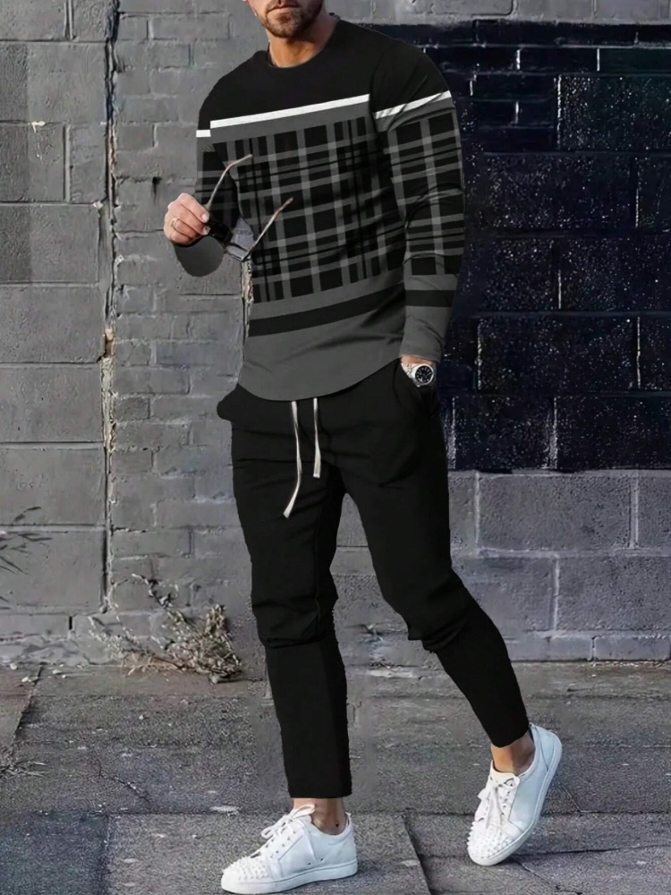 เรขาคณิตพิมพ์ผู้ชายฤดูใบไม้ร่วงแฟชั่น Casual Crew คอเสื้อและกางเกง Urban Street แนวโน้มแฟชั่นชายเสื้อและยาวสไตล์