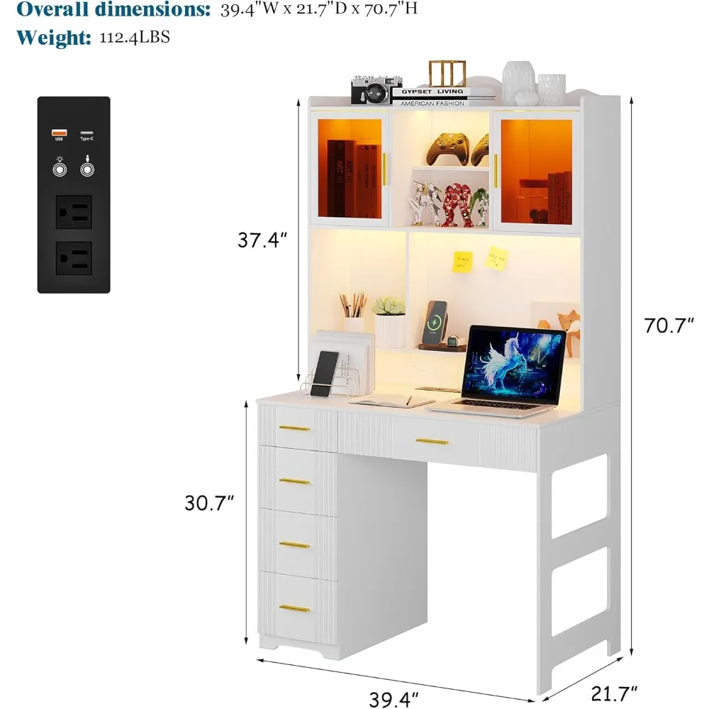 School Desks.LED Study Desk with Hutch and Drawer, Home Office Desk with Outlet, Computer Desk with Charging Station,