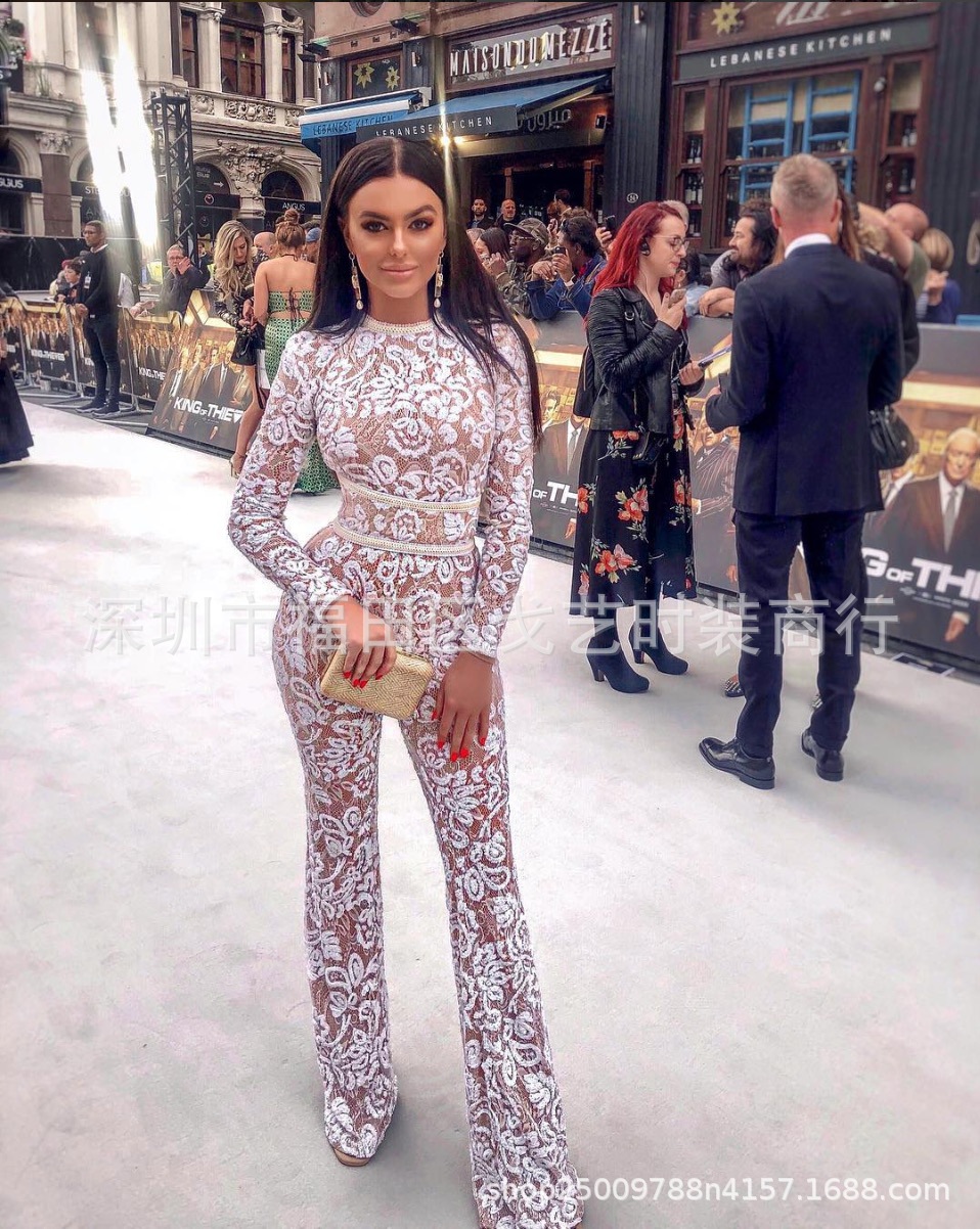 Macacões femininos cor sólida oco para fora terno moda rendas o pescoço temperamento magro macacão feminino pulôver roupas casuais