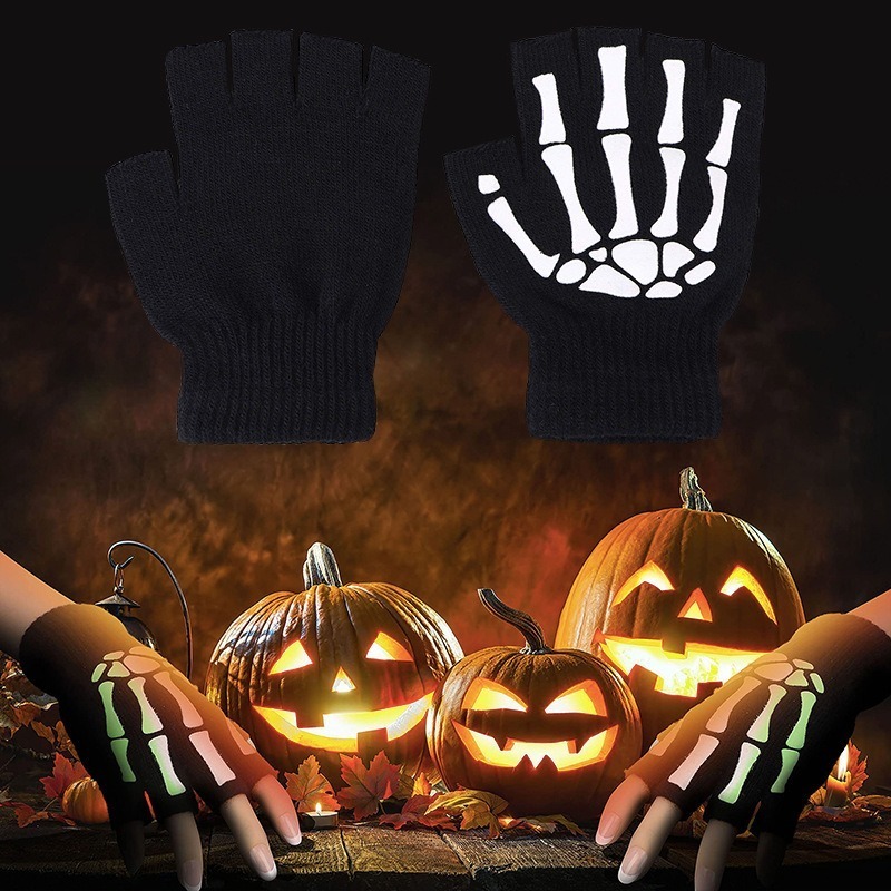 Bufanda de invierno tejida con calavera para hombre y mujer, bufandas con esqueleto, envolturas de fiesta con flecos negros, guantes luminosos con calavera