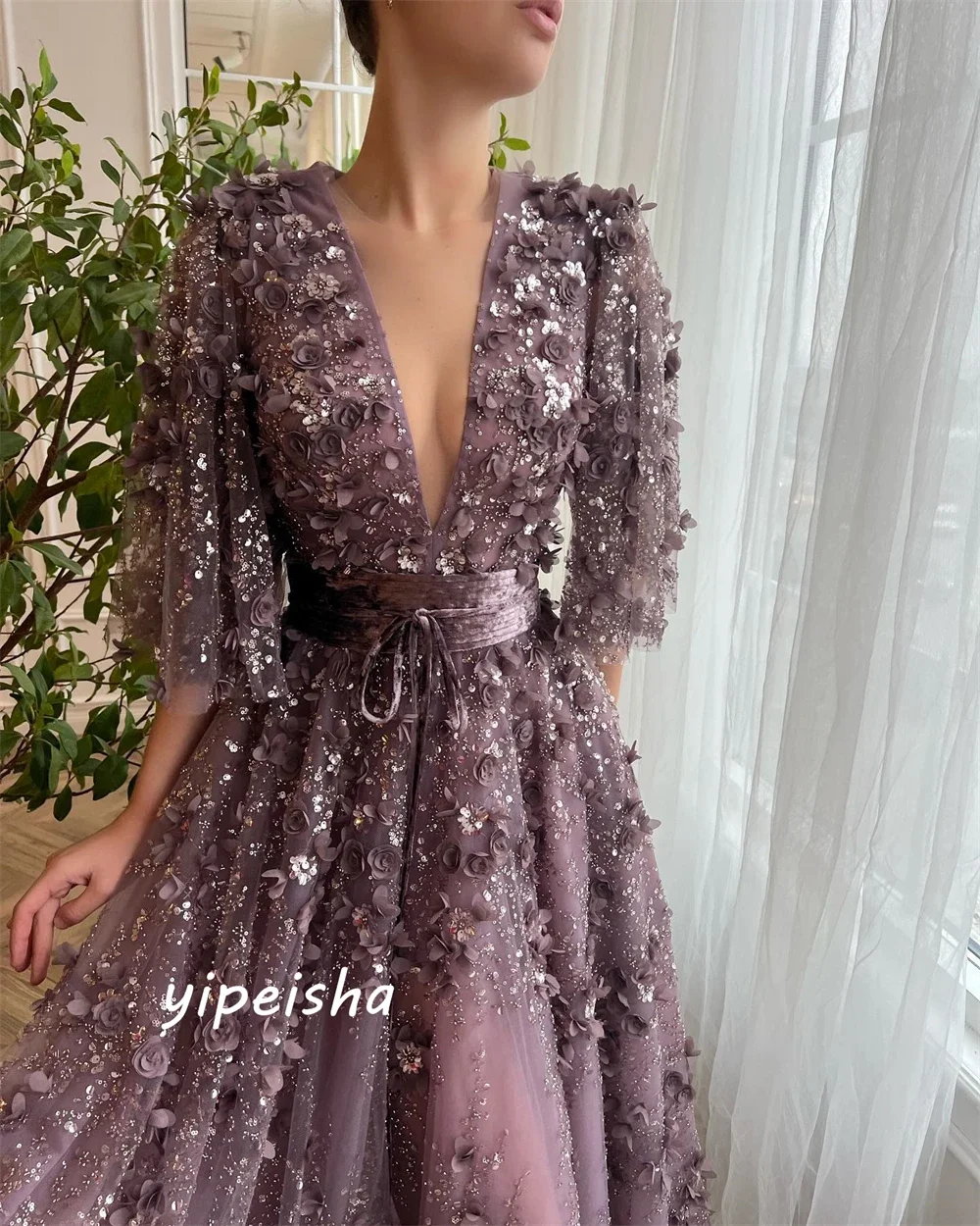 Personalizado jiayigong net applique strass formal noite a linha com decote em v sob medida ocasião vestido vestidos longos arábia saudita