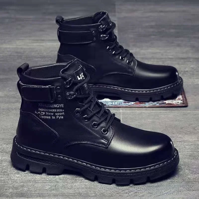 Herrenstiefel Herbst/Winter 2024, Herrenstiefel, koreanische Version, High-Top, lässig, Schnürung, flacher Boden, runde Zehen, bequeme Lederschuhe