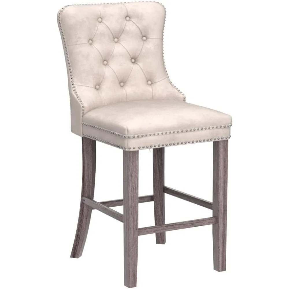 Counter Height Bar Chairs Set of 4, 27" Modern Velvet Bar Stools with Button Decor, Nailhead Trim, Solid Wooden Lege