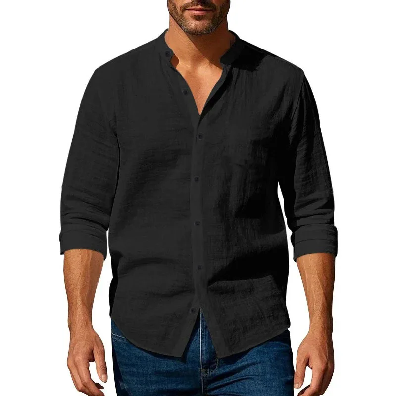 Camisa de lino de algodón para hombre, cuello Henley, Color sólido, ligera, transpirable, ajustada, camisa de un solo pecho, manga larga con botones