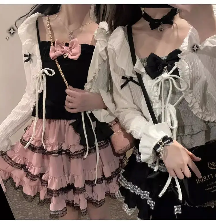 Japanse Kawaii Mini Cake Rok Womens Zwart Casual Elegant Lolita Sexy Hoge Taille Kant Y2k Esthetische Zoete Gothic Faldas