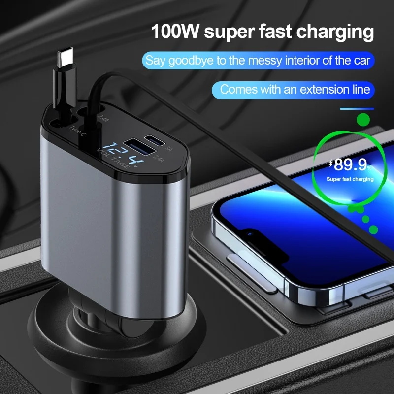 Carregador de carro retrátil, carregador de carro de carregamento rápido 4 em 1 120W, cabo retrátil e 2 portas USB compatível com adaptador de carregador de carro