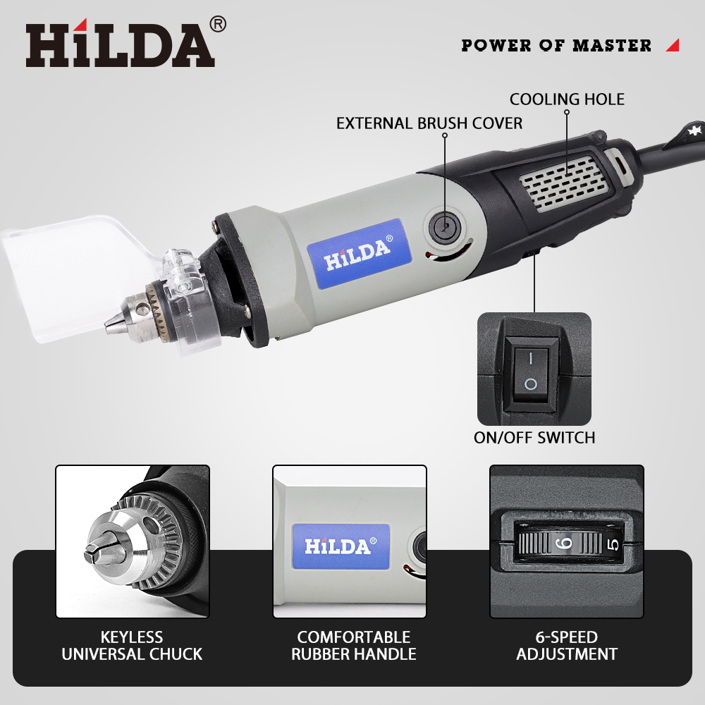 Hilda สว่านไฟฟ้าเครื่องมือโรตารี่เครื่องมือไฟฟ้าความเร็วตัวแปร400วัตต์เครื่องเจาะขนาดเล็ก6ตำแหน่งเครื่องเจียรขนาดเล็ก
