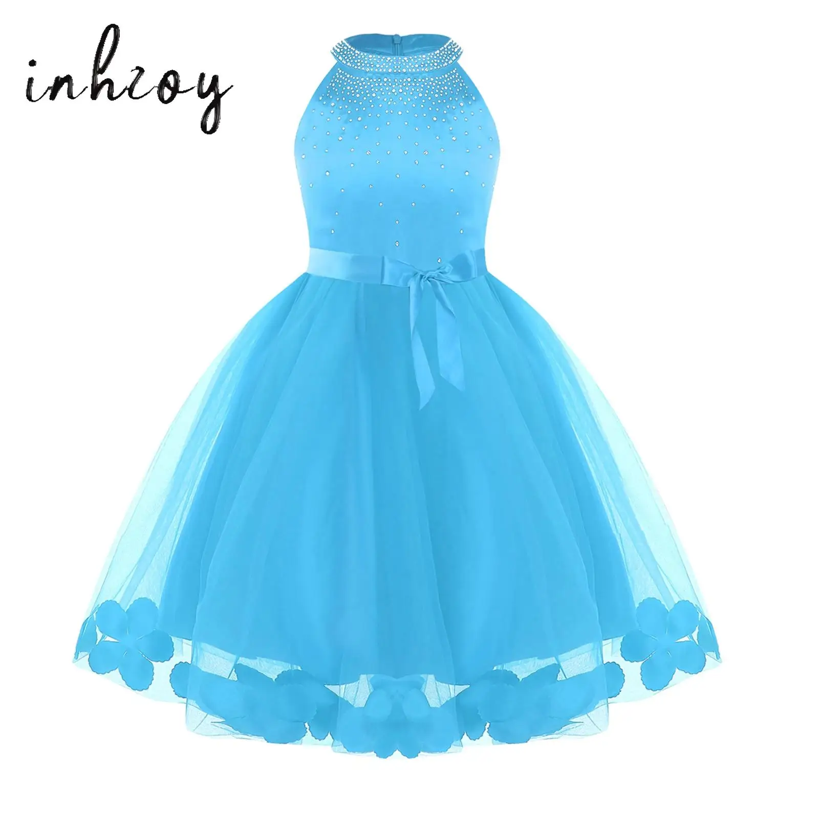Gaun Tulle Tanpa Lengan Halter Anak Perempuan Bunga Gaun Pesta Kontes Pernikahan A Line Pendek Gaun Pesta Ulang Tahun Putri Berlian Imitasi