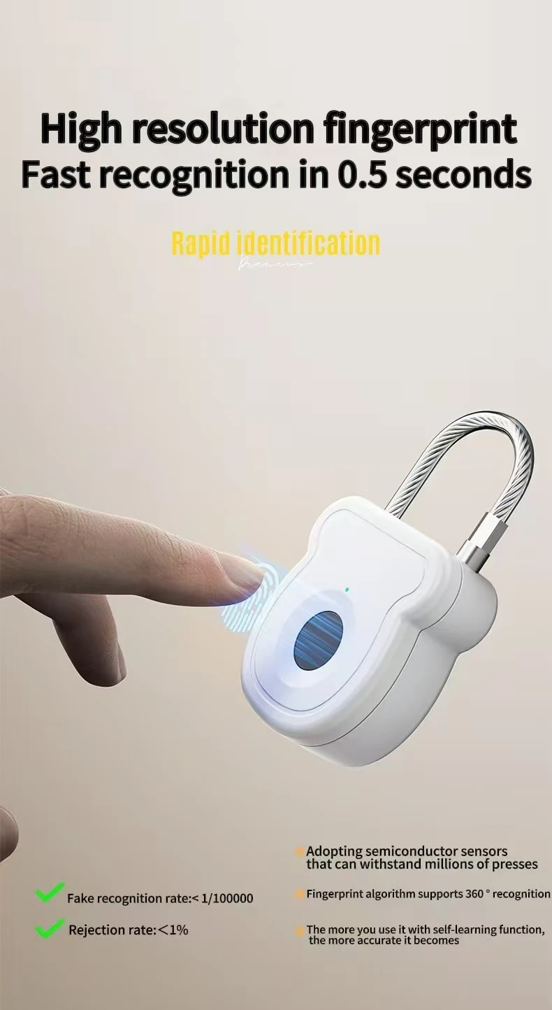 2025 NEW Keyless USB Charging Fingerprint Lock Smart Padlock Door Lock 0.2sec Unlock Portable Anti-theft Padlock