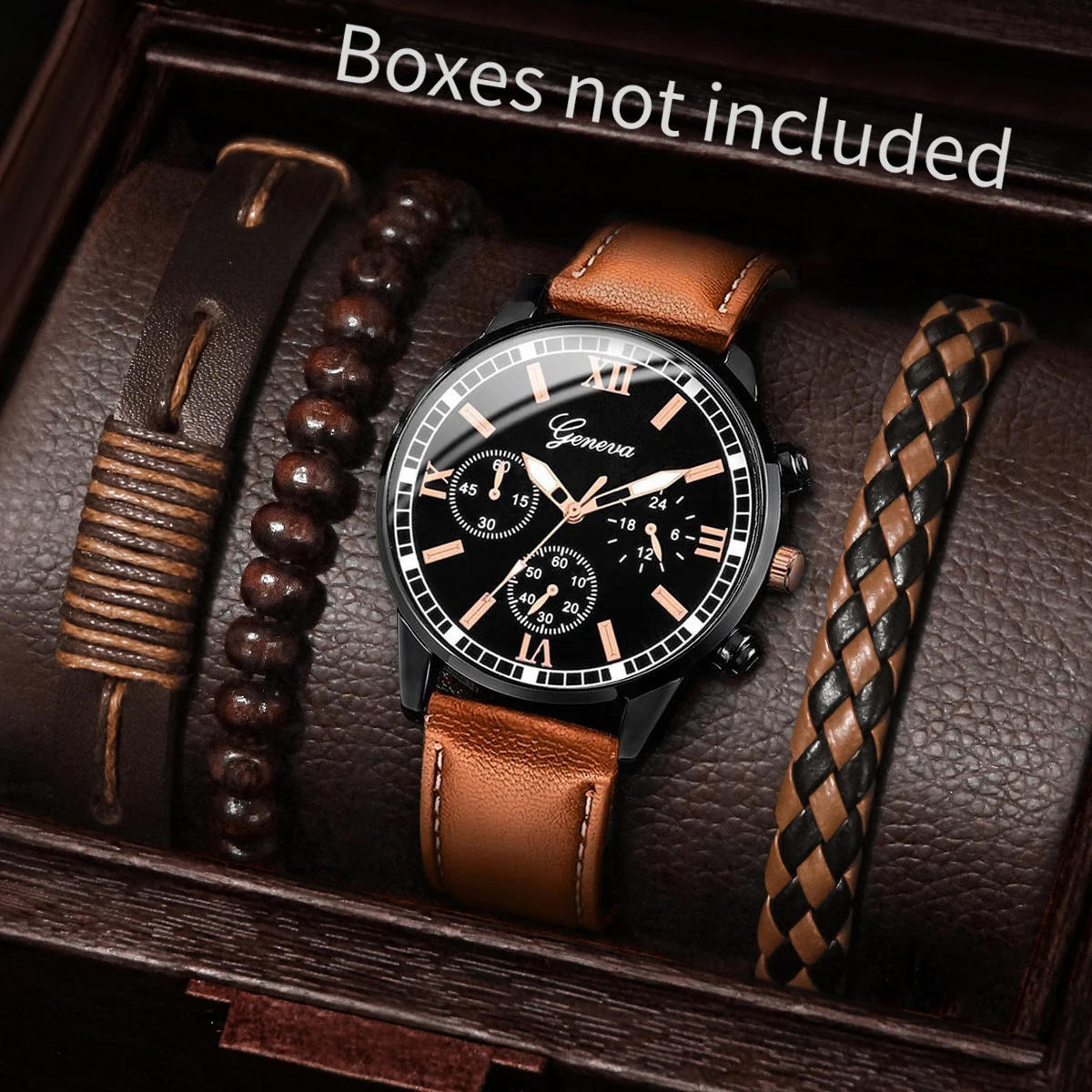 Conjunto de relojes de negocios para hombre, pulsera de cuarzo con esfera árabe, de cuero, Vintage, sin caja, 4 unidades