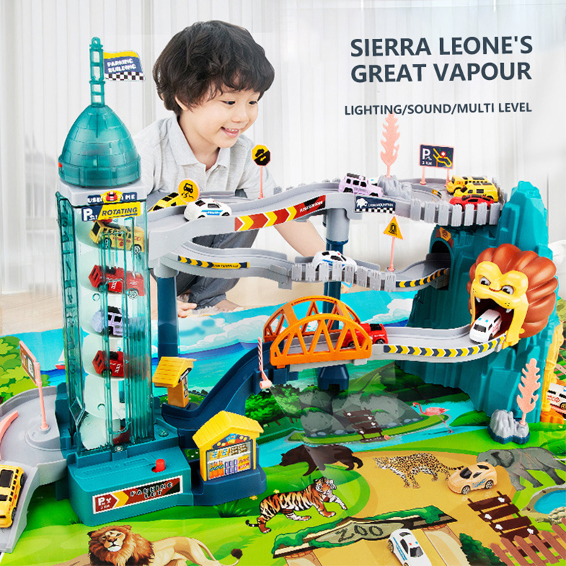 KBDFA Lion Theme Car Track para crianças, Diecasts Presentes de férias, Aniversário Hot Wheels, Kids Educational Race Toys, Racing Rail Cars