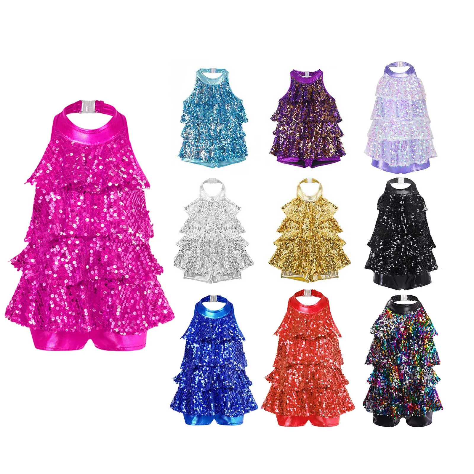 Kinder Neckholder Glänzende Pailletten Ballett Tanz Shorty Ganzanzug Kleid Mädchen Modern Jazz Latin Samba Rumba Chacha Tanz Performance Kostüm