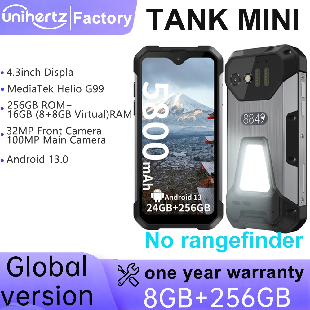 Unihertz 8849 Tank Mini1 Rugged Mini Phone 4.3" Display Android 13, Helio G99 Octa Core, 16GB 256GB, 100MP Cameras, 5800mAh,IP68