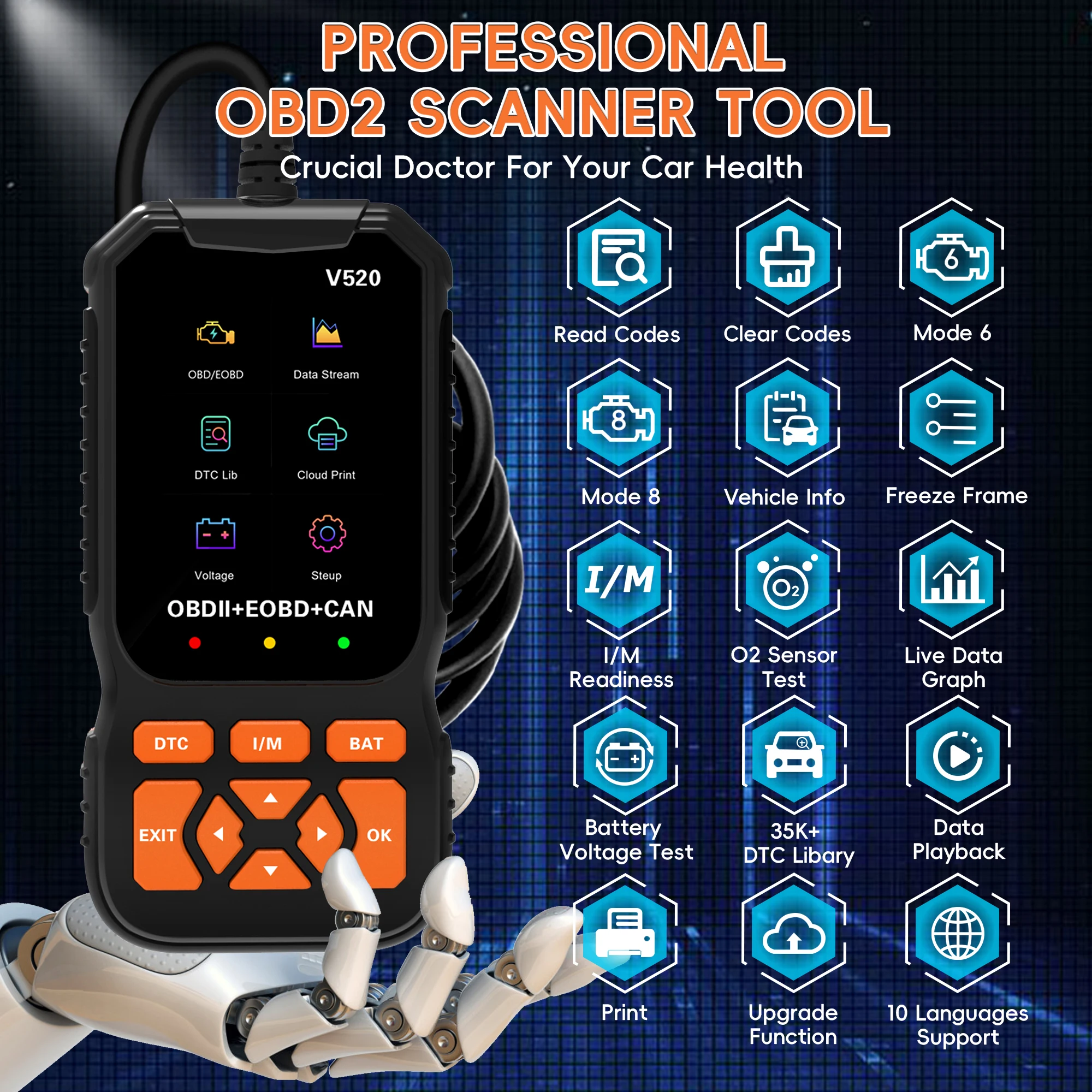 Diagnostisch hulpmiddel voor OBD2-lezer, OBDII EOBD-autocodescanner Controleer de foutcode van de motor, Diagnostisch hulpmiddel voor OBD-code CAN-protocollen