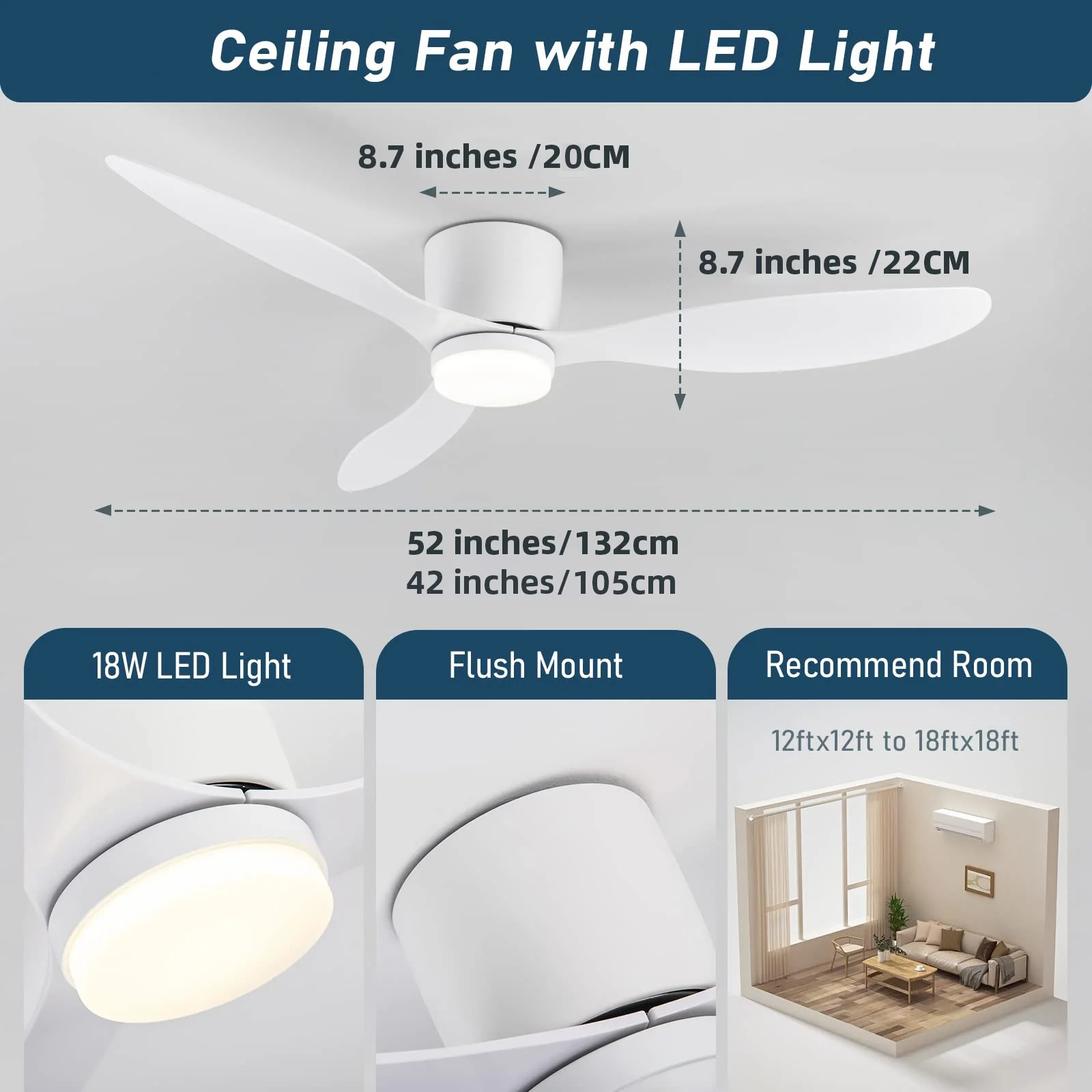 IRALAN Ventilatori da soffitto moderni a pavimento basso Ventilatore da soffitto DC 30W con telecomando Ventilatore da soffitto semplice per la casa con luci