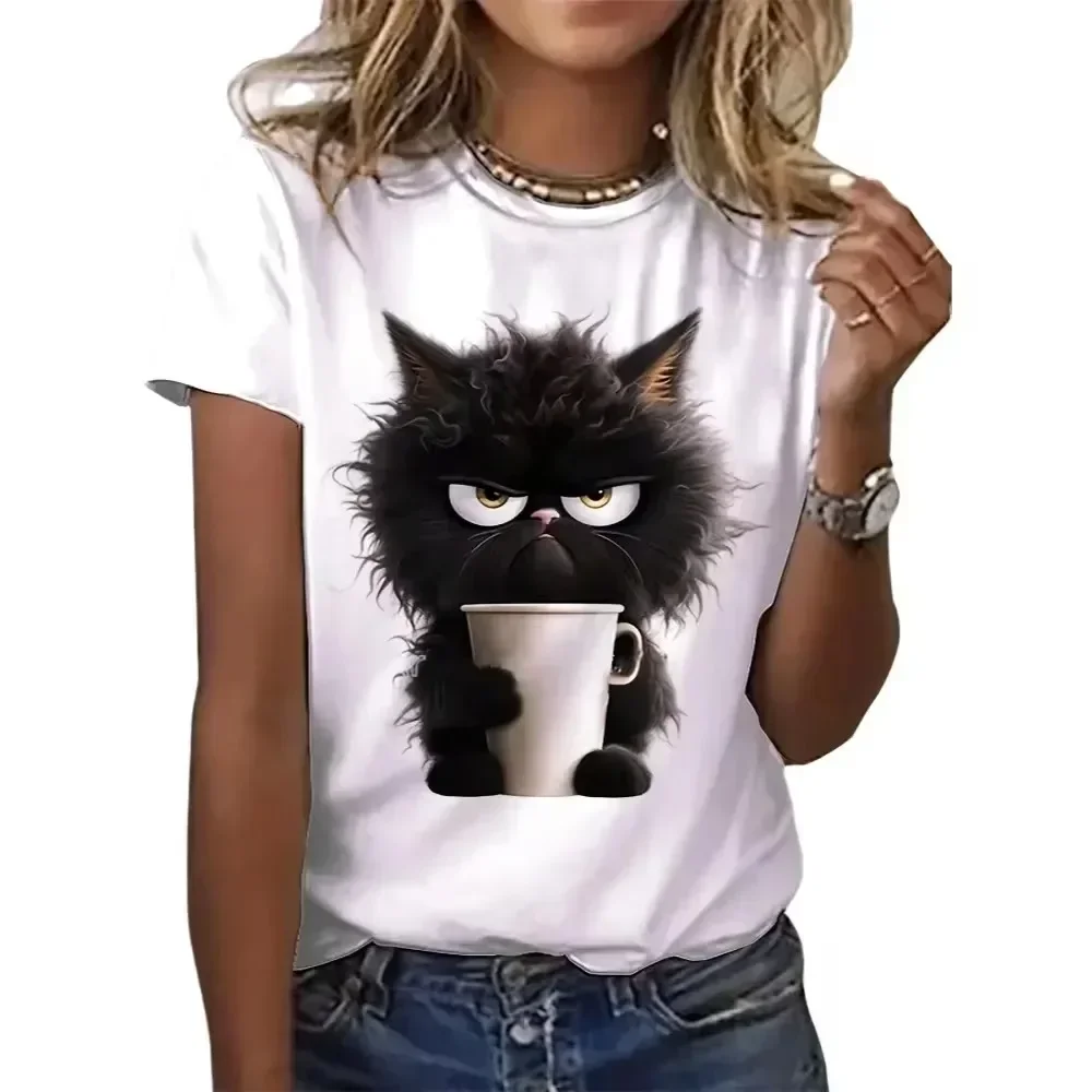 Maglietta Harajuku Maglietta divertente da donna con gatto Kawaii Maglietta casual da ragazza a maniche corte o collo per maglietta estiva con abbigliamento animale femminile