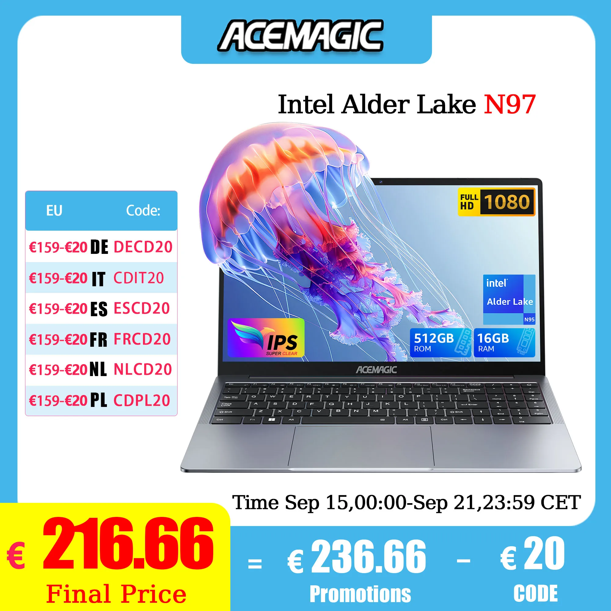 ACEMAGIC 16" Ultra Slim Laptop 16GB RAM 512GB SSD Intel N97 Notebook Gamer 1920*1080 Display Büro Arbeitszimmer Computer PC Windows 11