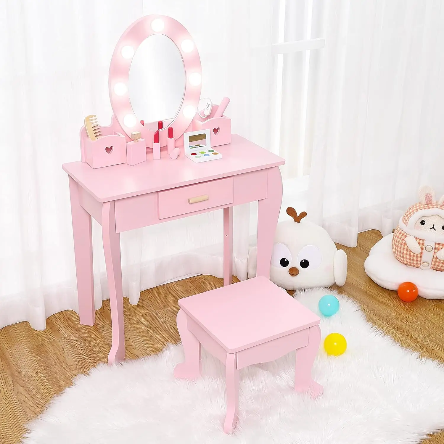 Girls' Vanity Table and Chair Set Kids Makeup Dressing Table with Lights Mirror and Drawer Kids Vanity Set for Children room