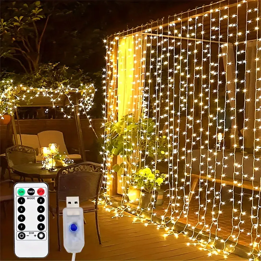 1 szt. 6x3/3x3/3x2/3x1m USB LED Kurtyna Świetlna Lampki Sznurkowe Sypialnia Boże Narodzenie Girlanda Lampki Dekoracyjne Ślub Wesele Oświetlenie Domu
