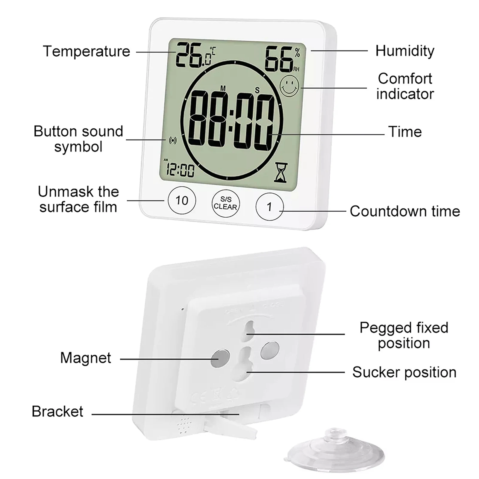 Digital Bathroom Wall Clock Shower Timer Waterproof For Water Spray LCD Screen Watch Temperature Humidity Clock For Shower Room
