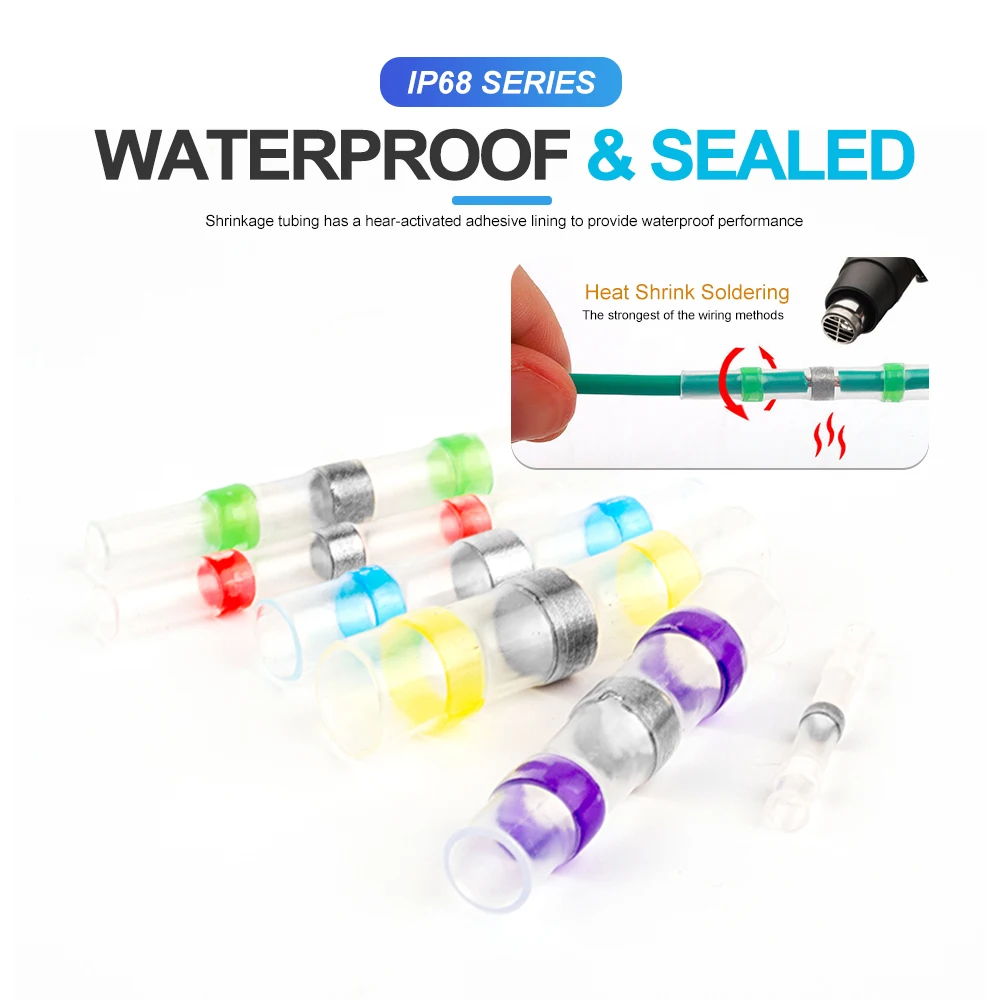 50 unids/bolsa Kit de conector a tope de sello de soldadura impermeable con tubo termorretráctil- Ideal para conexiones de cables y cables eléctricos