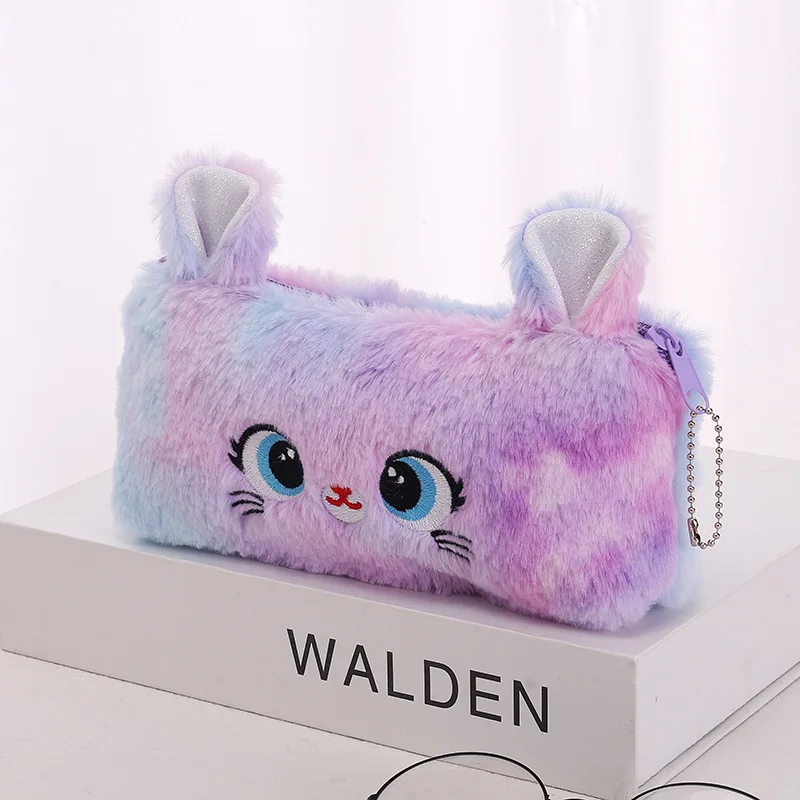 Kawaii Cat Plush กระเป๋าดินสอน่ารักซิป Fluffy ขนาดใหญ่ความจุกระเป๋าดินสอโรงเรียนเครื่องเขียนกระเป๋าเก็บอุปกรณ์
