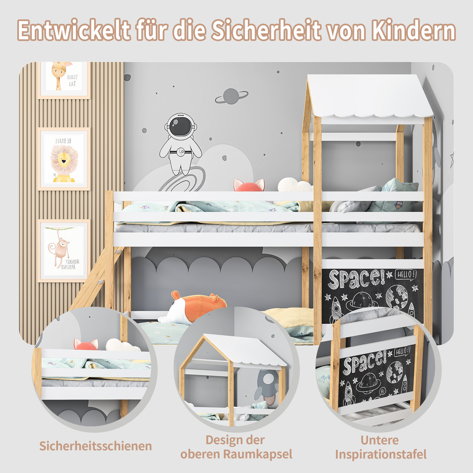 Łóżko piętrowe dla dzieci 90x200 cm, z barierą i drabinką i tablicą, łóżko z litego drewna, z podstawą z listew, rama łóżka