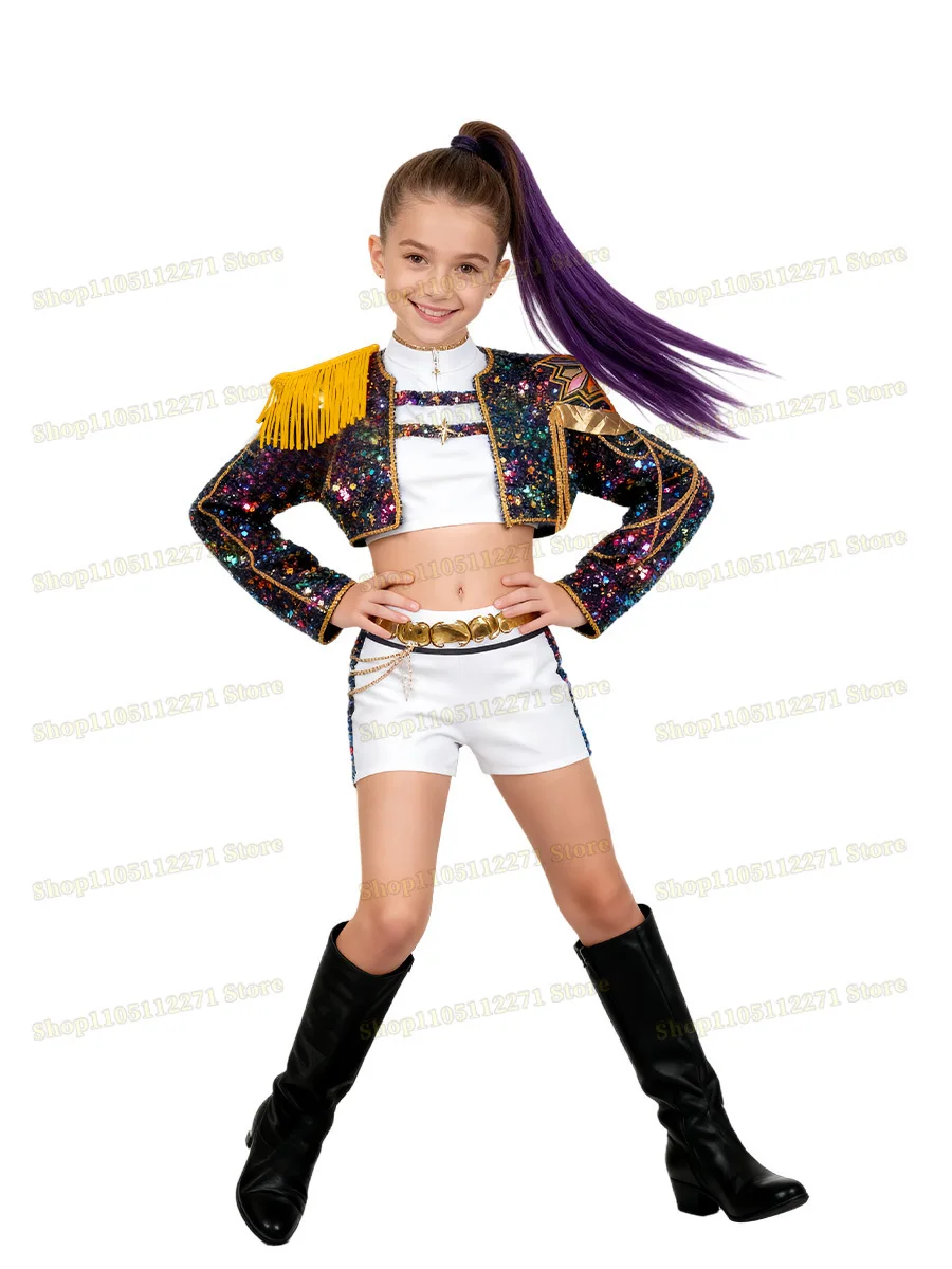 Kpop Demon Hunters Huntrix Rumi Cosplay Costume Black-Golden Suit Child Girls Idol Roleplay Outfits Halloween Party Props