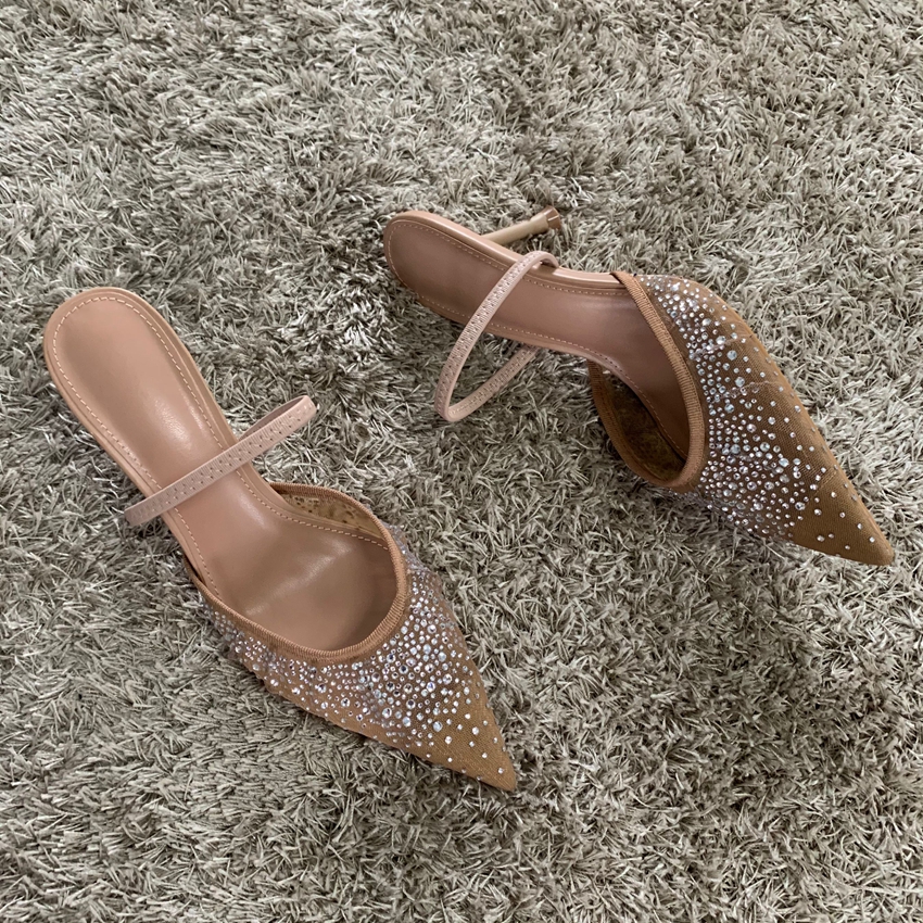 ฤดูร้อนใหม่ผู้หญิงรองเท้าแตะ Rhinestone Bright ตาข่ายรองเท้าส้นสูงรองเท้า Elegant Slingback Pointed SLIP บน PARTY Lady ปั๊มรองเท้า