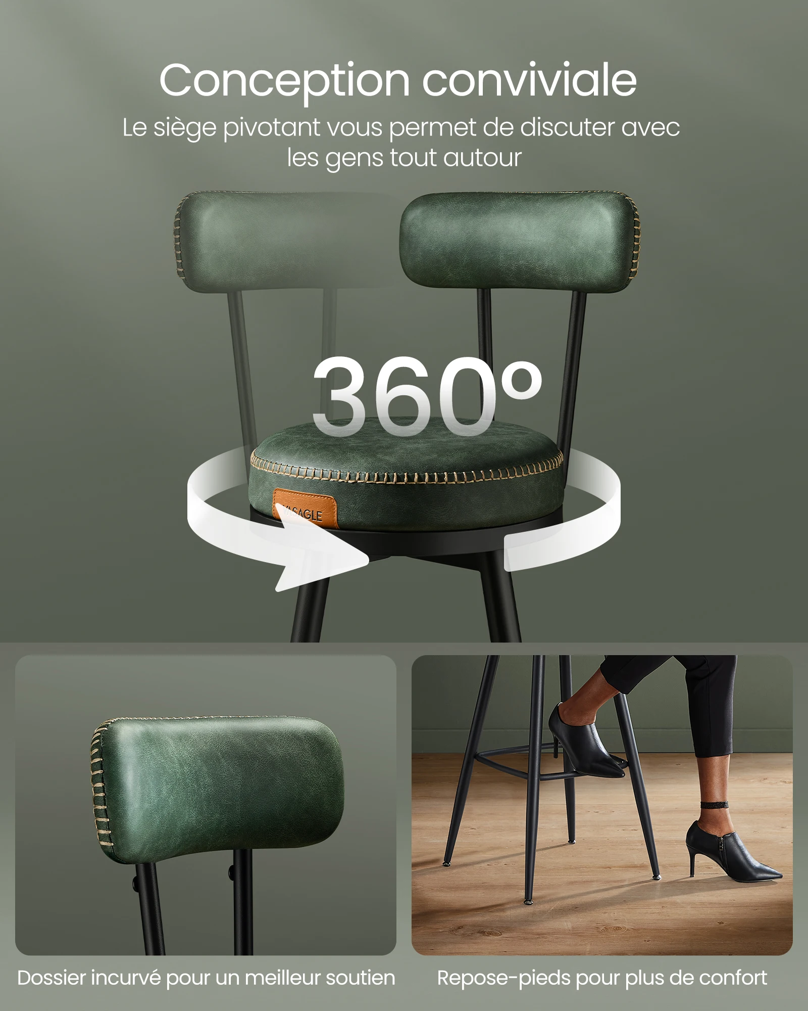 VASAGLE Tabouret de Bar Lot de 2 - Siège Rembourré - Style Moderne Mi-siècle - Vert Forêt
