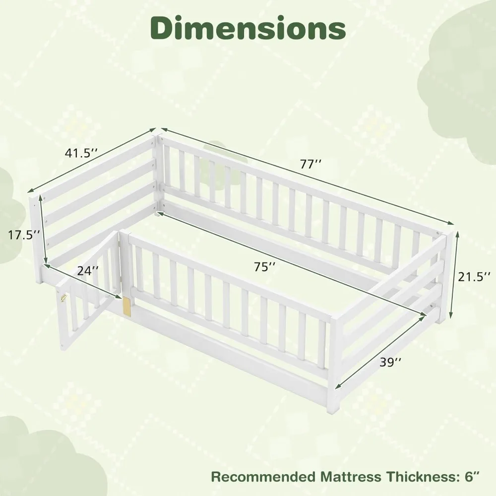 Floor Bed with High Rails, Solid Wood Kids Montessori Beds Frame w/Safety Guardrails & Door, Twin Size Bedframe Platform w/