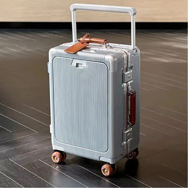 Vorne öffnender, hochwertiger Aluminium-Koffer mit breitem Griff und vorderer Öffnung, Handgepäck-Reisetasche mit Laptop-USB-Ladeanschluss