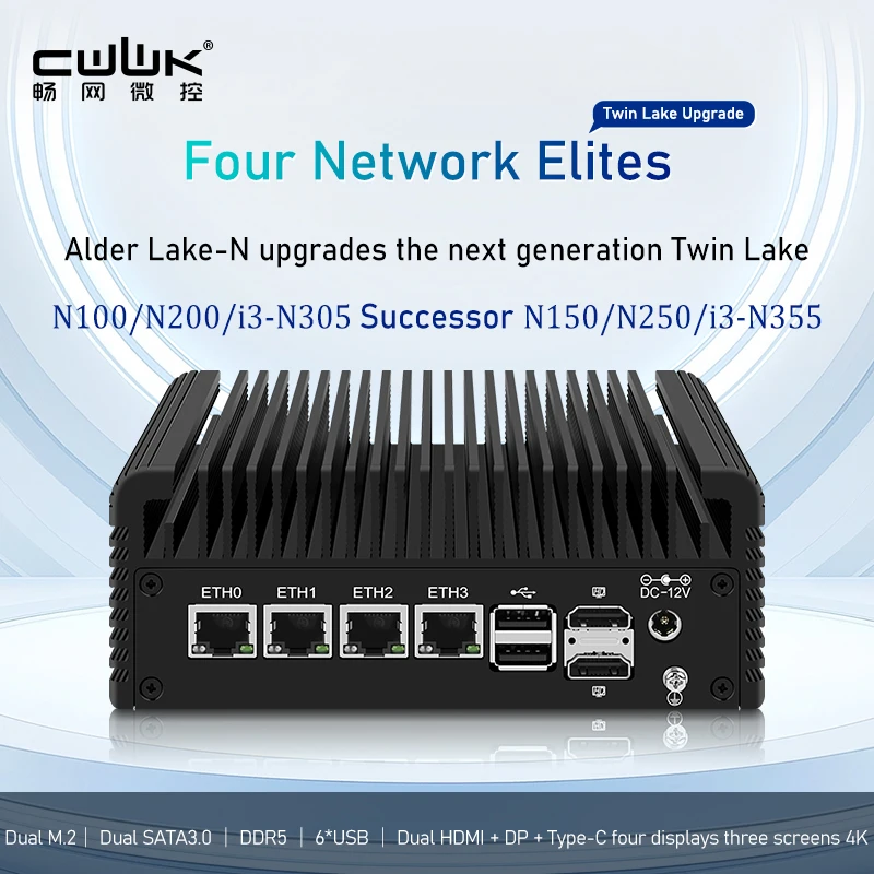 CWWK Soft Router N150/N100/i3-N305/N355 Elite Edition Router 2.5G Dual M.2 Dual SATA Dual HDMI/Typc-C Quad Display Triple Screen