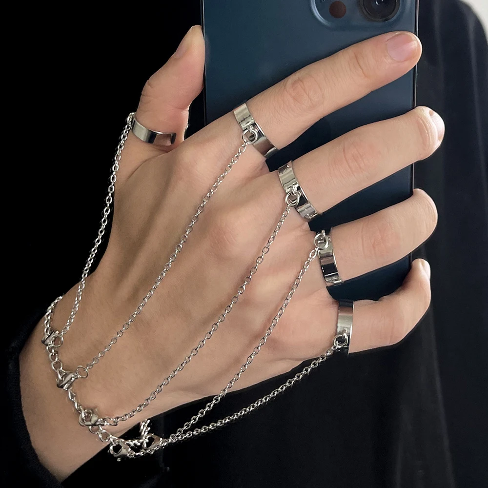 1Pc Ins Stil Hiphop Punk Silber Farbe Ring & Armband Combo Fünf Finger Verbunden Handschuh Ringe Für Frauen Täglichen tragen Oder Party