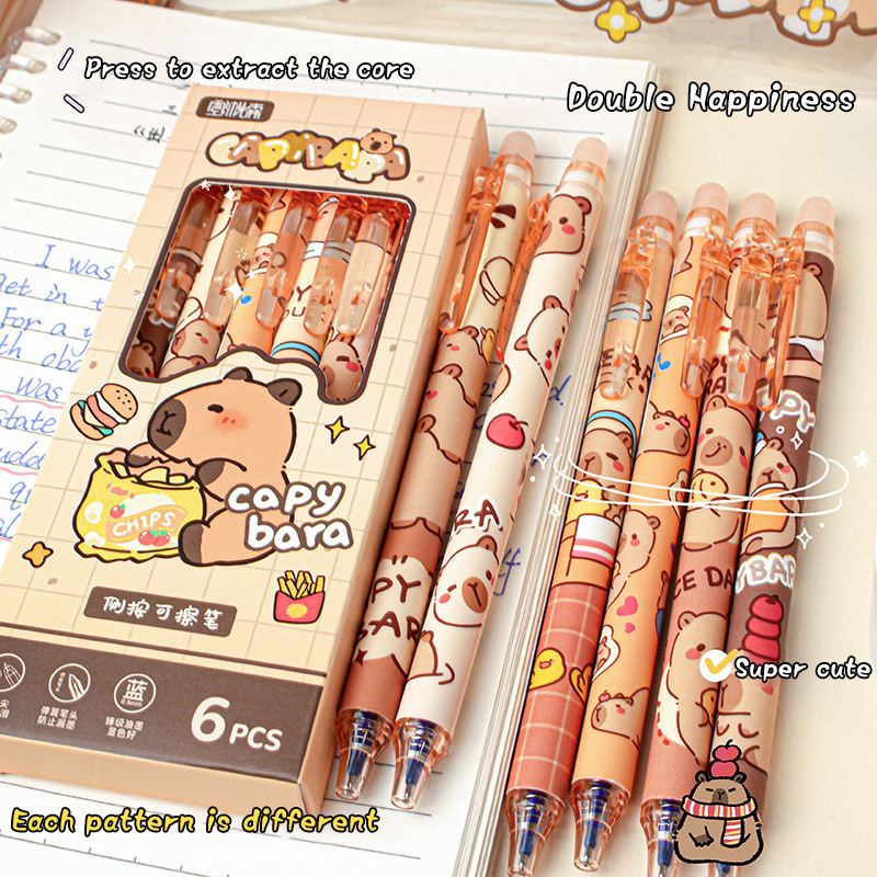 6 Stück niedlichen Capybara Gel stifte Kawaii Stift Set schnell trocknende blaue lösch bare Stifte Büro Schul bedarf Kawaii ästhetisches Briefpapier