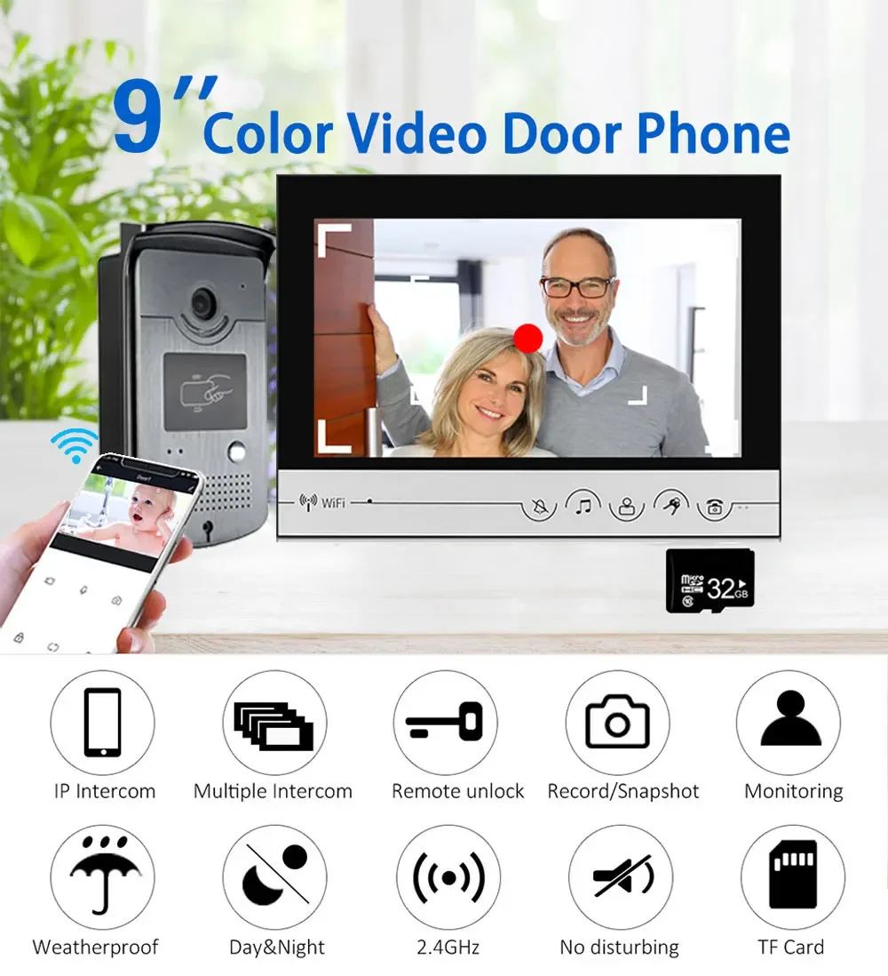 Tuya 9 inch color wireless WiFi screen add Inductive Card camera doorbell intelligent APP intercom Access Control System