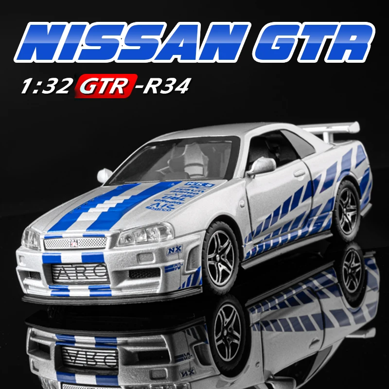 1:32 GTR R34 SKYLINE Szybki aluminiowy model samochodu symulującego Odlewane pojazdy i wściekłe samochody Dekoracja Zabawki dla dzieci Chłopiec
