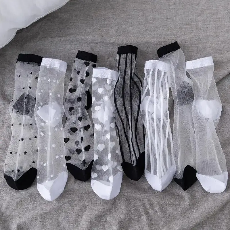 4 Paar neue Damensocken, modische Tüll-Mesh-Glasstrümpfe, ultradünne, transparente Kristallspitze, elastische Sommer-Söckchen