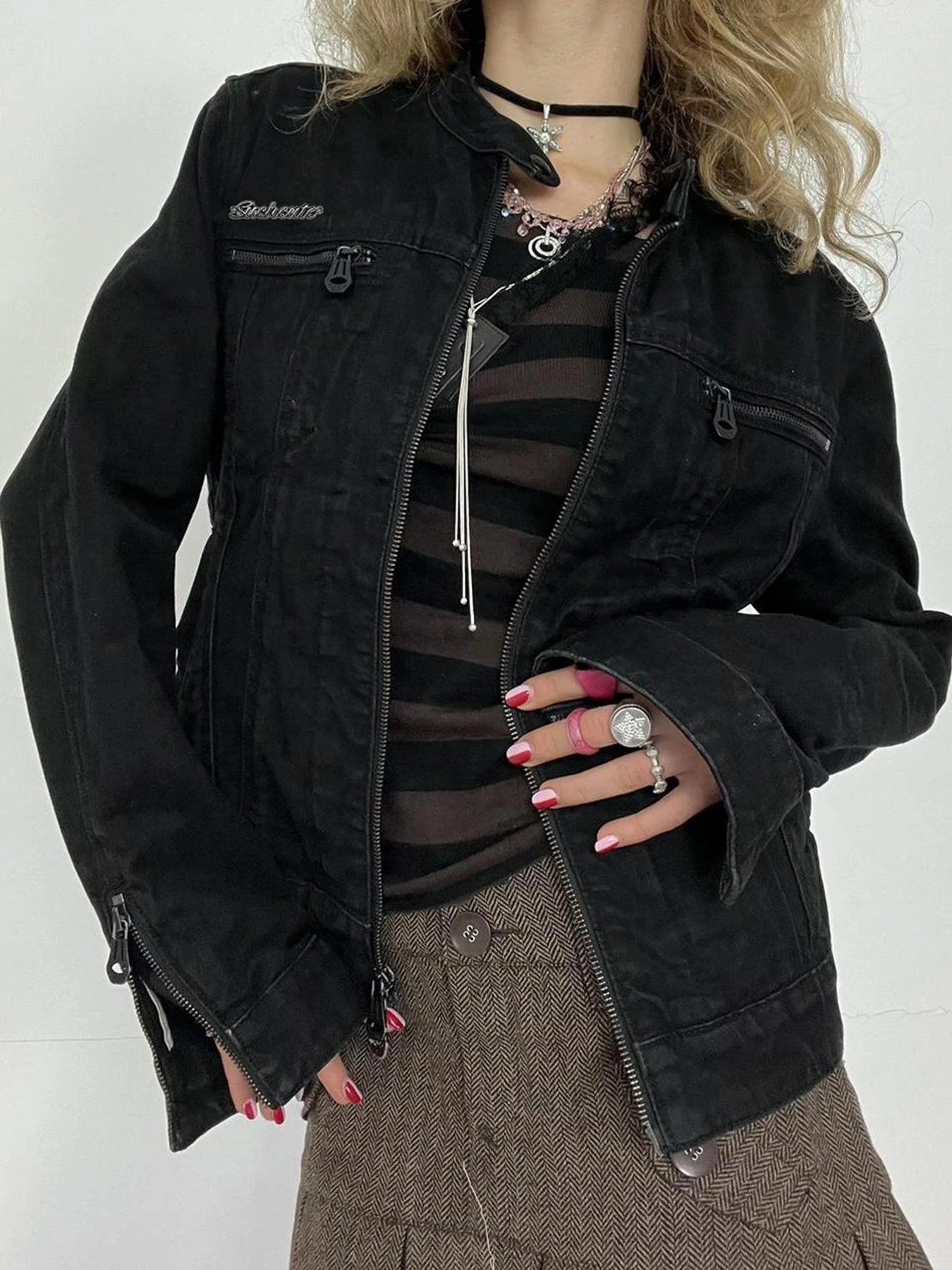 Rockmore ストリートダブルジッパーデニムジャケット固体カジュアルヴィンテージ長袖アウター原宿カーゴスタイルの女性のコート