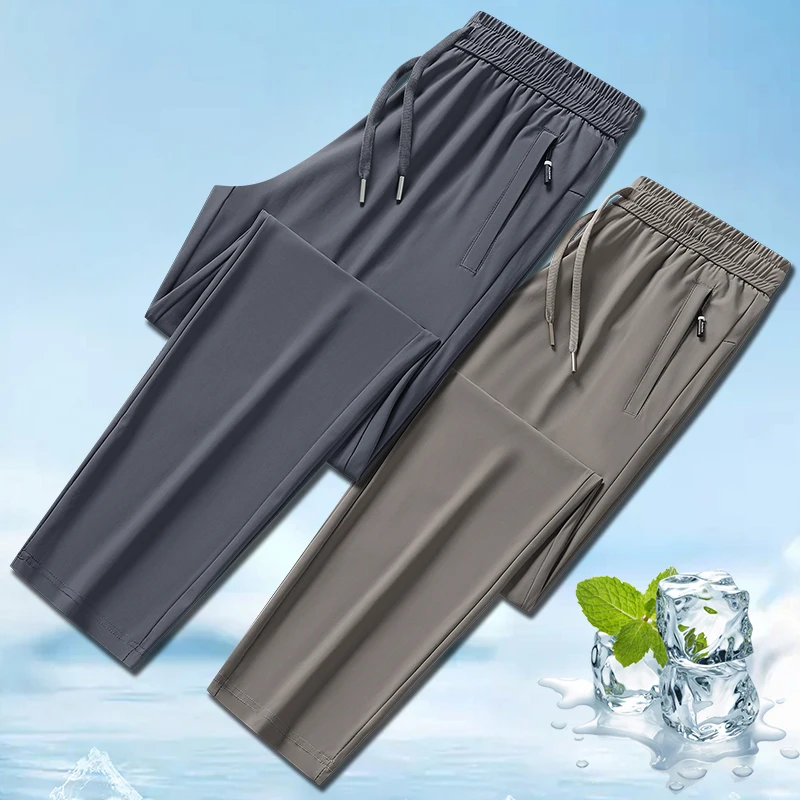 Spodnie męskie Ice Silk 2024 letnie czarno-szare cienkie spodnie biznesowe na co dzień outdoor stretch oddychające proste nogawki