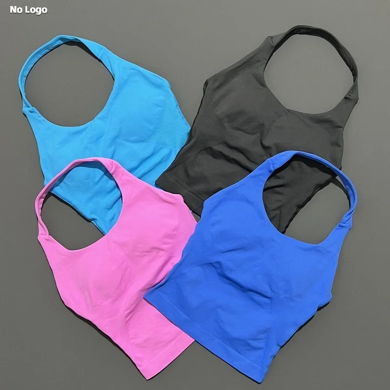 Top Halter sin logotipo para mujer, camiseta sin mangas con tiras palangre, ropa de Yoga acolchada, ropa deportiva para correr, camisetas de entrenamiento para gimnasio