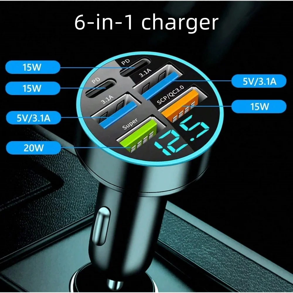 Caricabatteria da auto a ricarica rapida 6 in 1 PD QC3.0 USB C Display digitale per iPhone Samsung Vivo OPPO Oneplus Adattatore per telefoni cellulari per auto