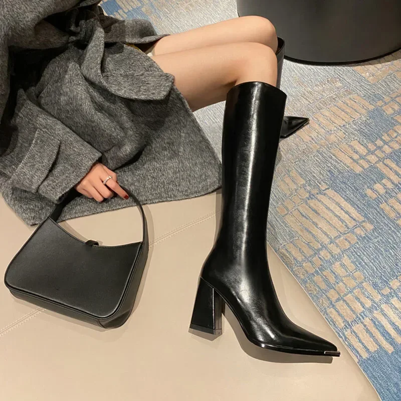 Szpiczaste Toe damskie wysokie buty modne boczne zamki długie botki damskie eleganckie buty na wysokim obcasie zimowe obuwie damskie