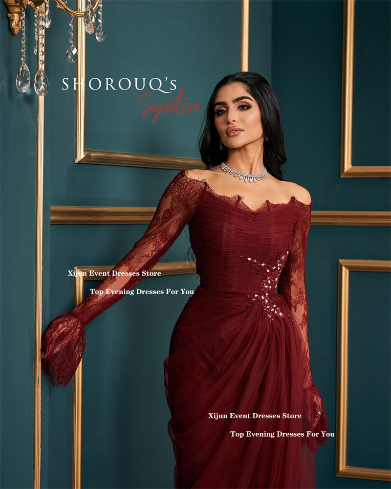 Xijun-Robe de Soirée de Forme Sirène en Dentelle Bordeaux, Tenue de Bal Formelle de Dubaï, à Plis, Personnalisée